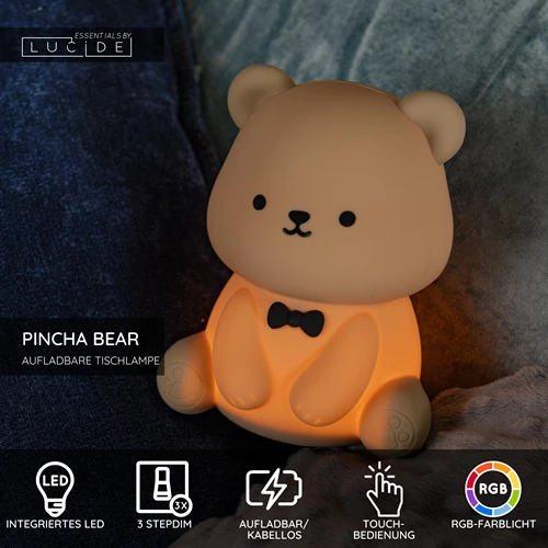 Lucide PINCHA BEAR - wiederaufladbare Tischlampe Kinderzimmer - Akku/Batterie - LED 3 StepDim - 1x0,5W 2100K - Rgb - Braun | Essential - USP